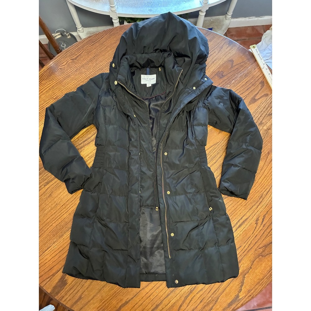 Cole Haan Signature Black Quilted Puffer Coat Hooded Gold Hardware XS